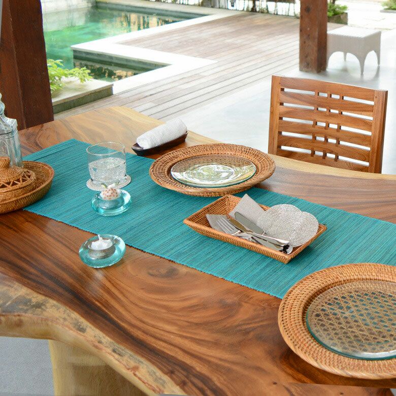 ウォーターヒヤシンスで出来たアジアンテーブルランナー[ターコイズ
