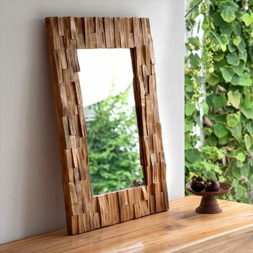 ミラー 壁掛け 木製 フレーム 木枠 正方形 チークウッド ナチュラル L