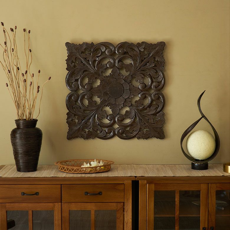 木彫りのアジアンレリーフ スクエア60cmタイプ 壁掛け アート 壁掛け