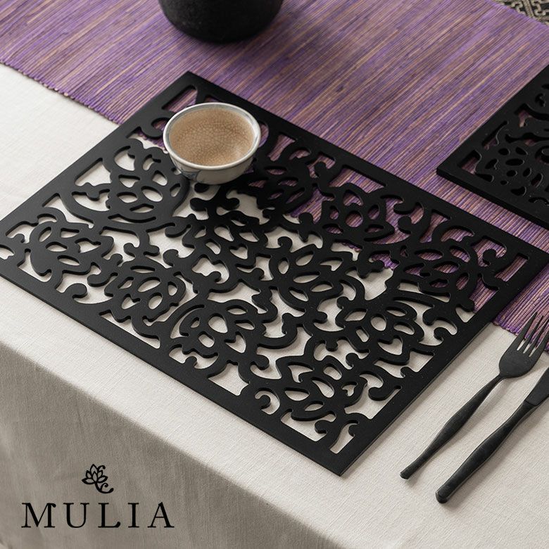 ランチョンマット 木彫り ロータス フラワー 約 W 40cm D 30cm H...