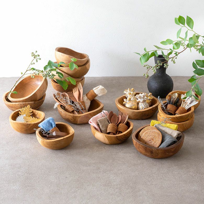 トレイ チークウッド 木製 ウッド ボウル Lサイズ ハンドメイド [11589