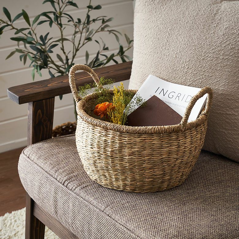 バスケット シーグラス 持ち手付き Mサイズ 約 W 26cm D 26cm H 16cm