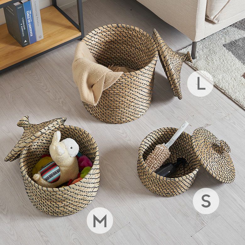 バスケット ふた付き かごバスケット ポット シーグラス 約W 35 x D 35