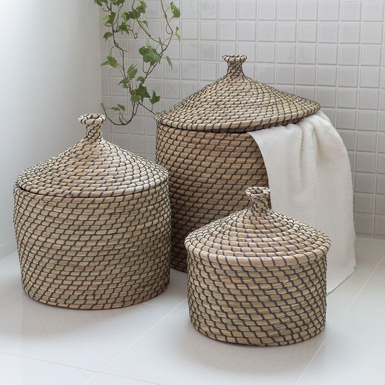 バスケット ふた付き かごバスケット ポット シーグラス 約W 35 x D 35