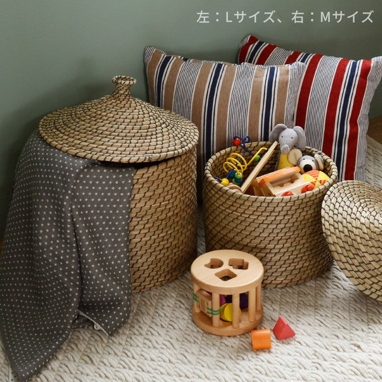 アジアン バリ島 シーグラス 3点セット バスケット かご 収納 家具 リゾート バスケット ふた付き かごバスケット ポット シーグラス 3点セット