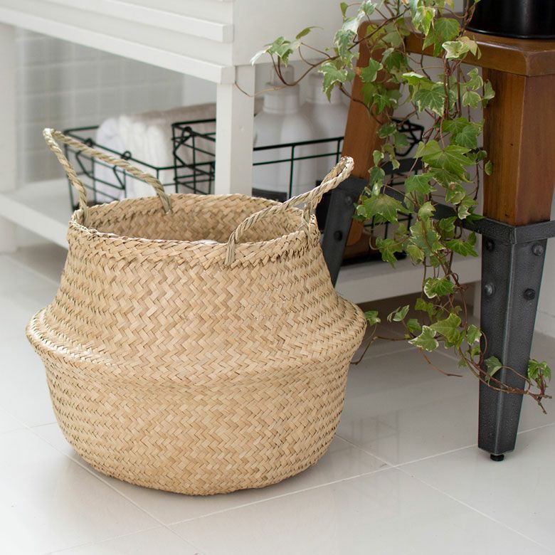 かご バスケット Mサイズ 収納 持ち手 丸型 シーグラス製 折り畳み