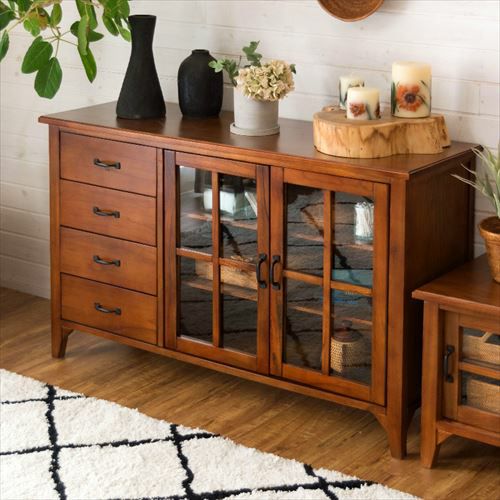 リビングチェスト チェスト 木製 引き出し ガラス扉 幅120cm [91292