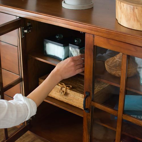 リビングチェスト チェスト 木製 引き出し ガラス扉 幅120cm [91292