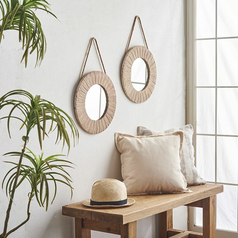 ハンドメイドのシャビーシックなロープ付きラウンドミラー 全体直径約