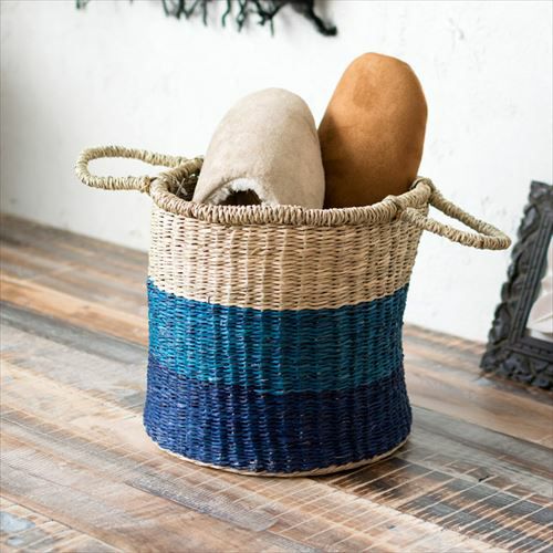 バスケット 持ち手付き 2way シーグラス製 民族柄 深型 径35cm