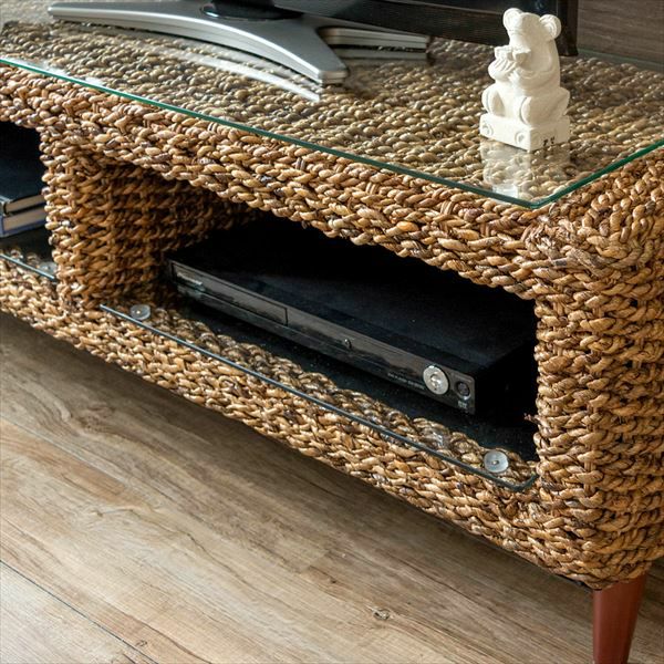 テレビ台 アバカ素材 強化ガラス天板 幅120cm 収納棚付き [96016