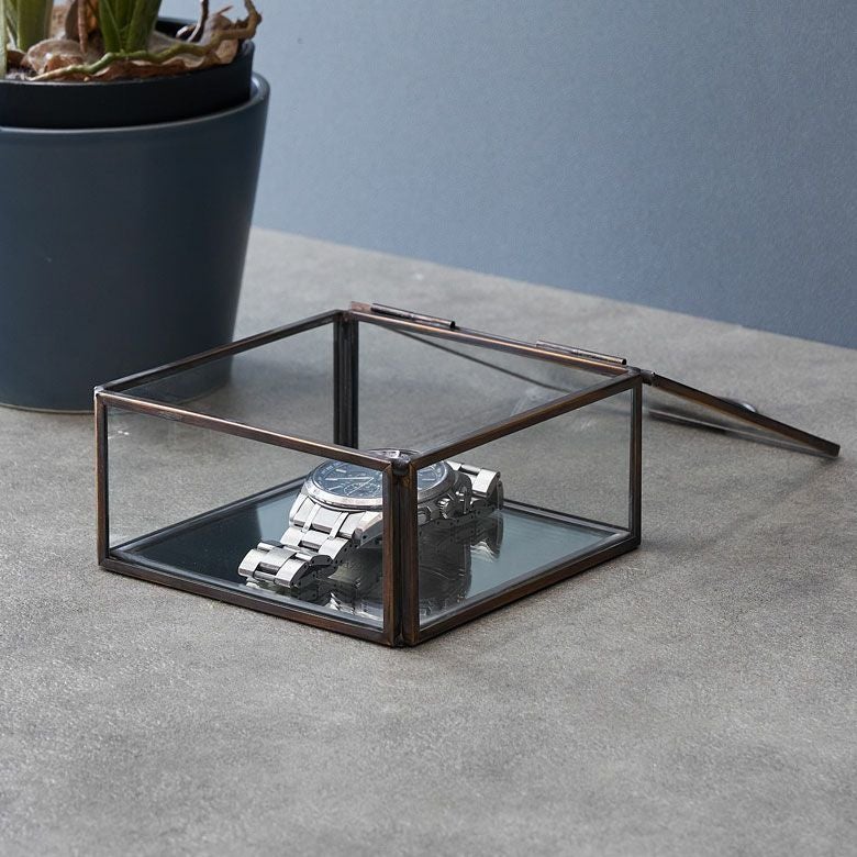 ガラスと真鍮でできた鏡付き収納ケース Sサイズ ガラスボックス ガラス