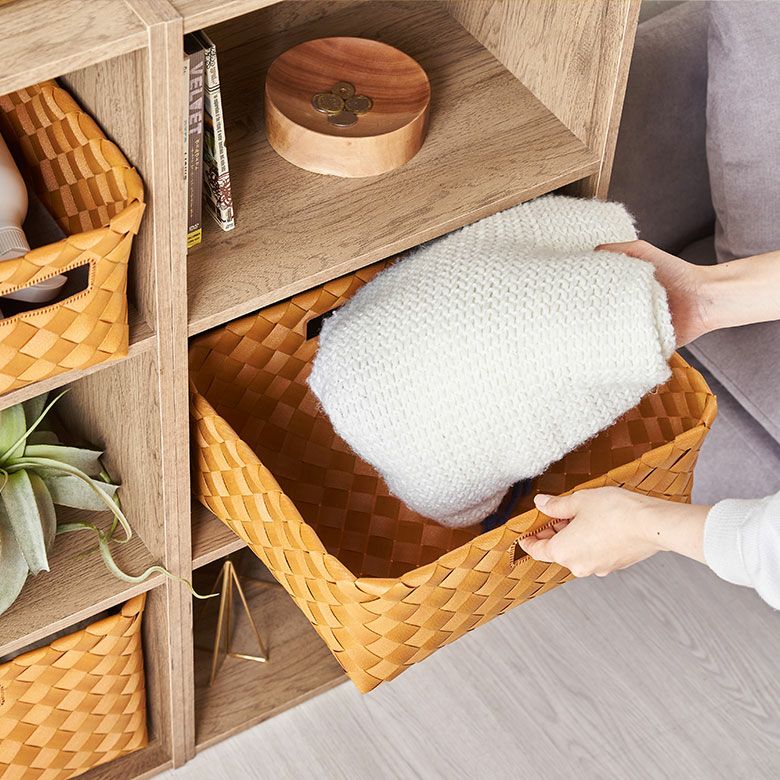 かご バスケット 洗える 白樺風 籠 持ち手付き ポリエチレン製 浅形