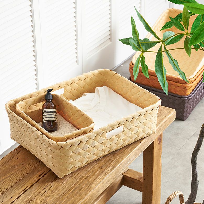 かご バスケット 洗える 持ち手付き フェイクシダー 白樺風 約 W 50cm