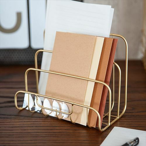 レターホルダー 卓上 仕切り付き ワイヤー ゴールド 幅19cm [66589