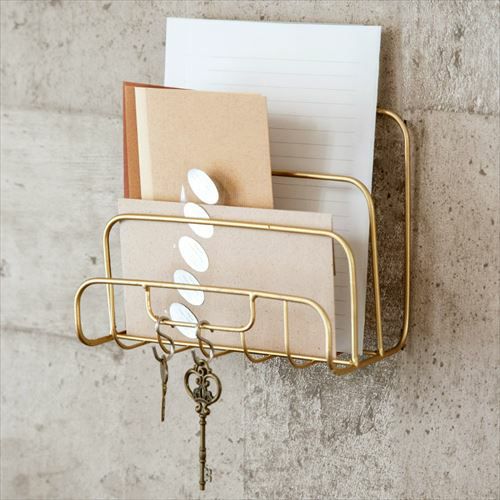 レターホルダー 卓上 仕切り付き ワイヤー ゴールド 幅19cm [66589