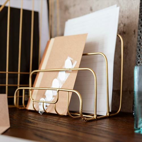 レターホルダー 卓上 仕切り付き ワイヤー ゴールド 幅19cm [66589