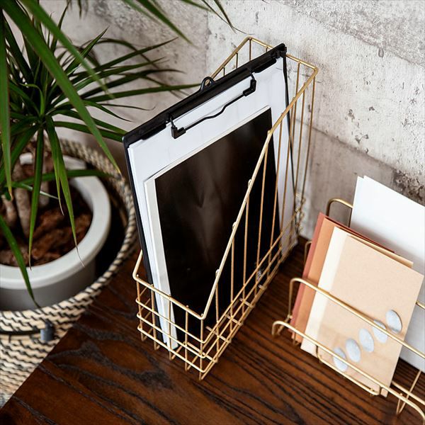 ファイルスタンド ワイヤー ゴールド A4タテ型 小さめ 背幅9.5cm