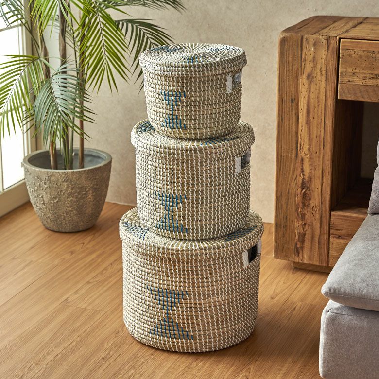 バスケット ふた付き 持ち手付き アフリカ シーグラス製 丸型 25cm幅 S