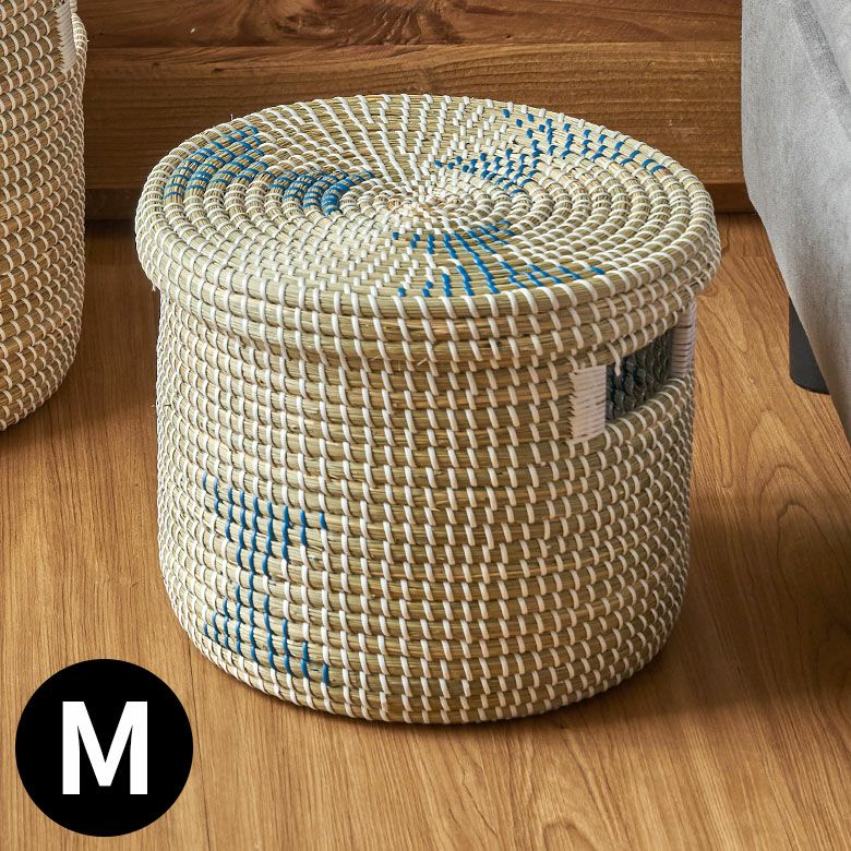 バスケット ふた付き 持ち手付き アフリカ シーグラス製 丸型 31cm幅 M