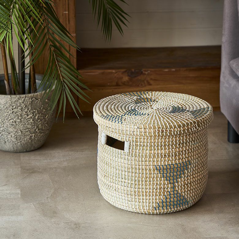 バスケット ふた付き 持ち手付き アフリカ シーグラス製 丸型 39cm幅 L