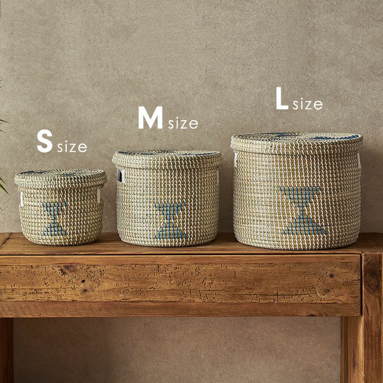 バスケット ふた付き 持ち手付き アフリカ シーグラス製 丸型 39cm幅 L