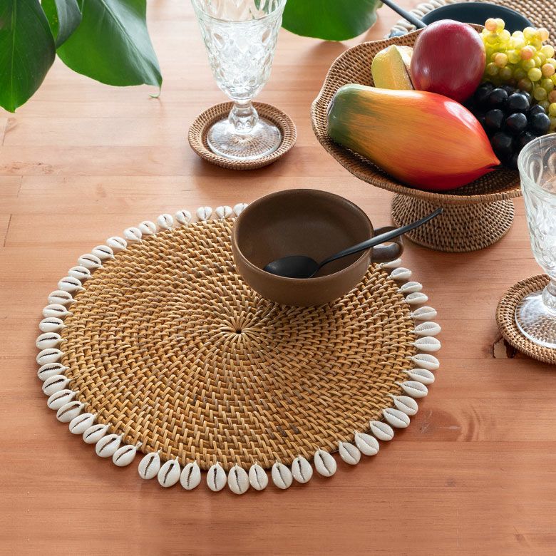 ランチョンマット ラウンド ラタン製 シェル付き 径約34cm プレース