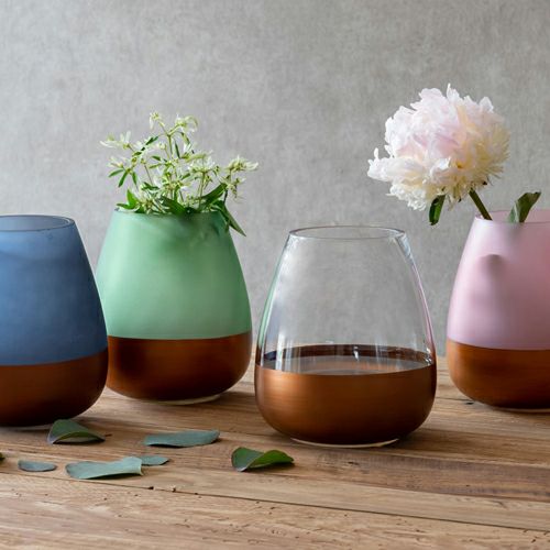 花瓶 ガラス 半透過 ピンク ベージュ ドット柄 上径10.5cm壺型 つぼ型