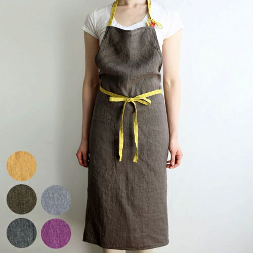 エプロン ストライプ柄 H型 フルエプロン ポケット付き 麻100% 着丈