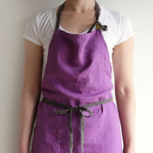 エプロン 長め リネン グレー イエロー ブラウン パープル ブルー