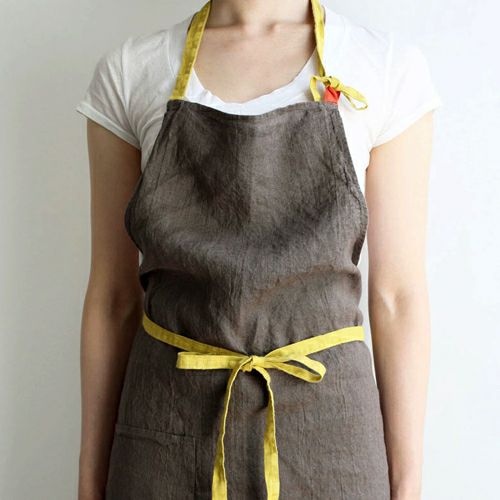 エプロン 長め リネン グレー イエロー ブラウン パープル ブルー