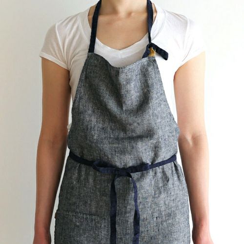 エプロン 長め リネン グレー イエロー ブラウン パープル ブルー