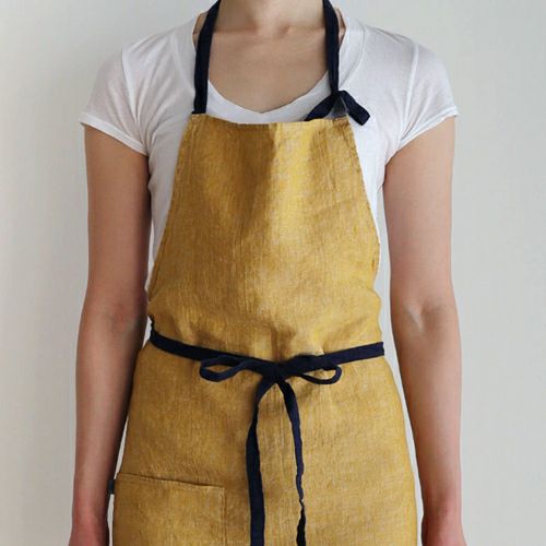 エプロン 長め リネン グレー イエロー ブラウン パープル ブルー