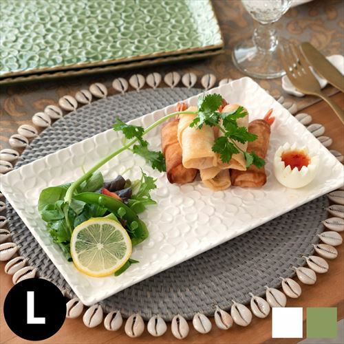 長角皿 プルメリアモチーフ Lサイズ 28cm×18cm ホワイト グリーン 陶器