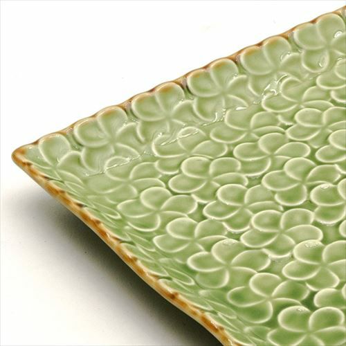 長角皿 プルメリアモチーフ Lサイズ 28cm×18cm ホワイト グリーン 陶器