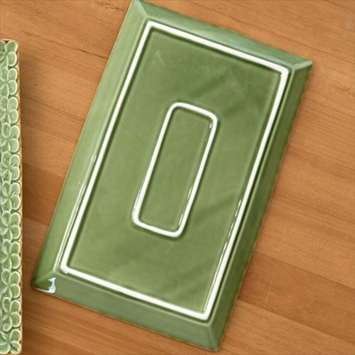 長角皿 プルメリアモチーフ Lサイズ 28cm×18cm ホワイト グリーン 陶器