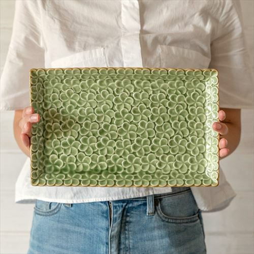 長角皿 プルメリアモチーフ Lサイズ 28cm×18cm ホワイト グリーン 陶器