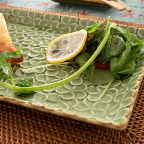 長角皿 プルメリアモチーフ Lサイズ 28cm×18cm ホワイト グリーン 陶器