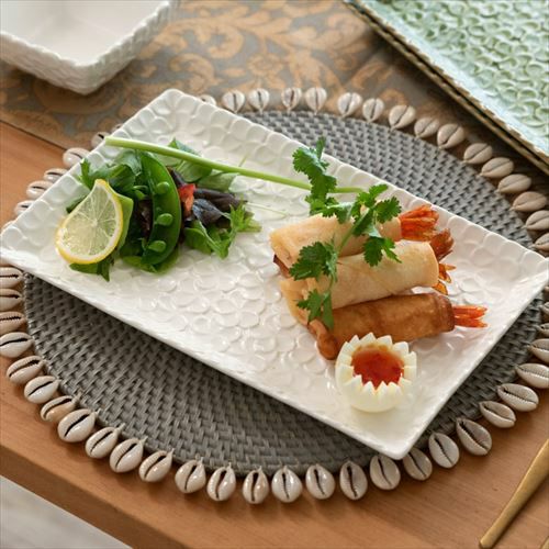 長角皿 プルメリアモチーフ Lサイズ 28cm×18cm ホワイト グリーン 陶器