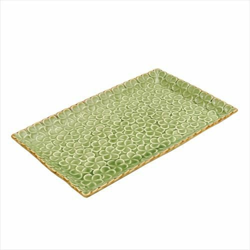 長角皿 プルメリアモチーフ Lサイズ 28cm×18cm ホワイト グリーン 陶器