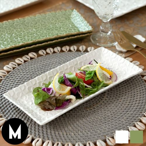 長角皿 プルメリアモチーフ Mサイズ 25.7cm×12.1cm ホワイト グリーン