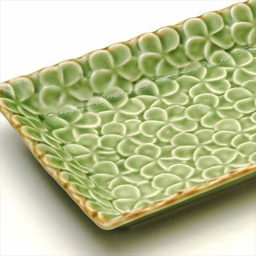 長角皿 プルメリアモチーフ Mサイズ 25.7cm×12.1cm ホワイト グリーン