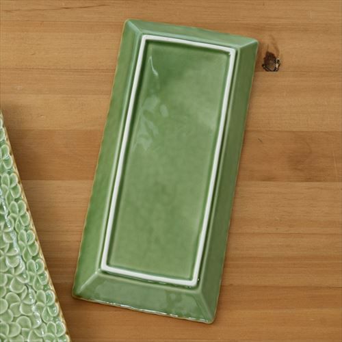 長角皿 プルメリアモチーフ Mサイズ 25.7cm×12.1cm ホワイト グリーン