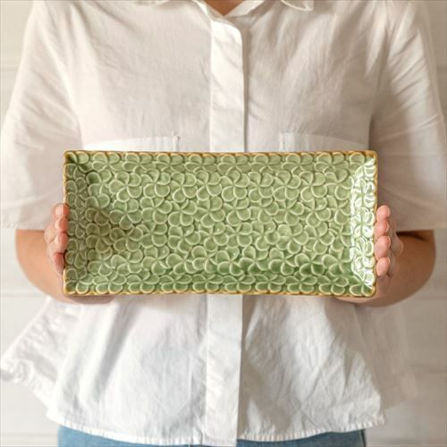 長角皿 プルメリアモチーフ Mサイズ 25.7cm×12.1cm ホワイト グリーン