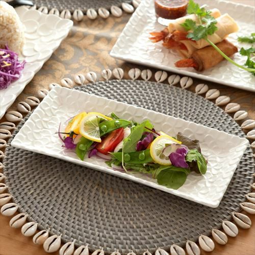 長角皿 プルメリアモチーフ Mサイズ 25.7cm×12.1cm ホワイト グリーン