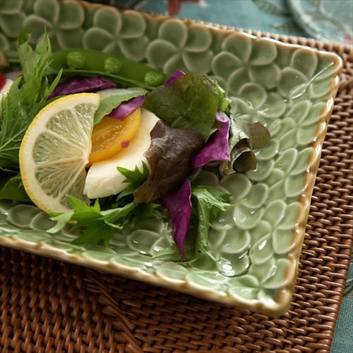 長角皿 プルメリアモチーフ Mサイズ 25.7cm×12.1cm ホワイト グリーン