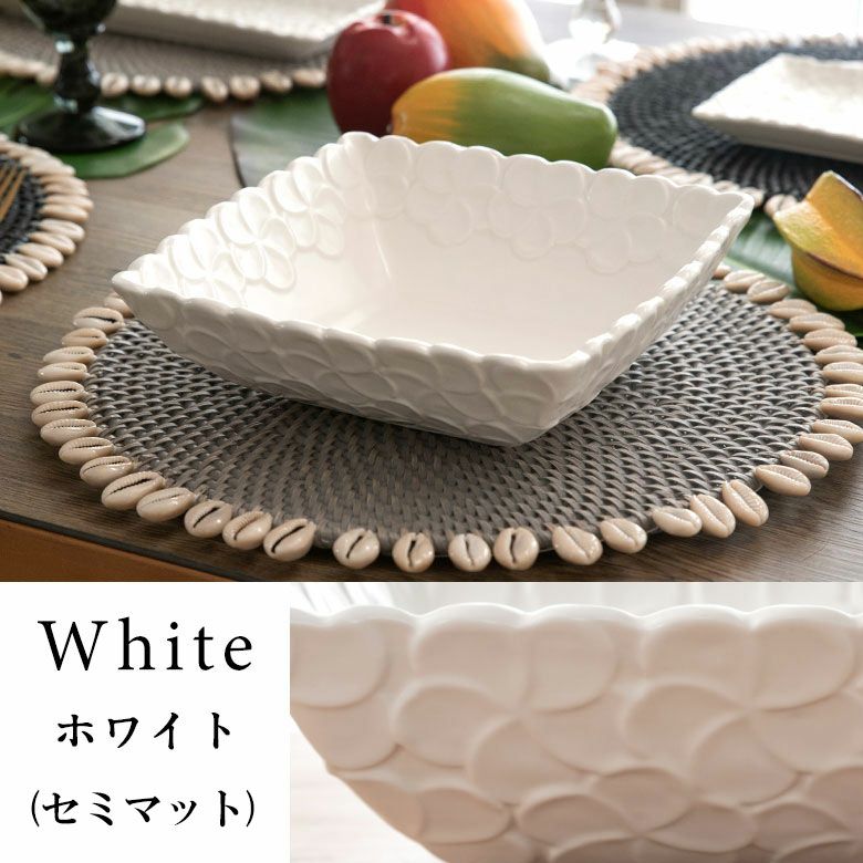 深角皿 プルメリアモチーフ Lサイズ 21cm角 ホワイト グリーン 陶器製