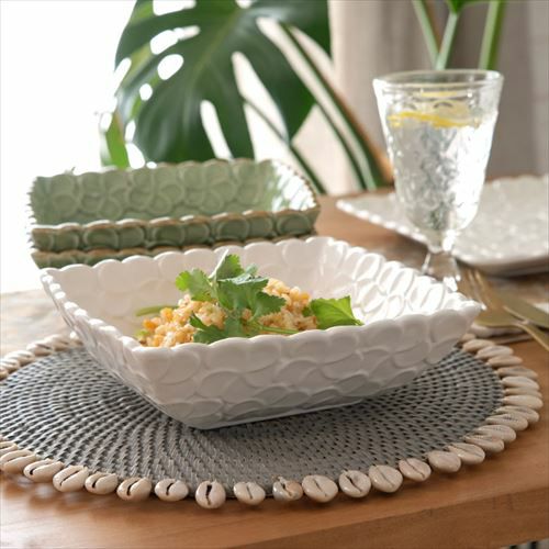 深角皿 プルメリアモチーフ Lサイズ 21cm角 ホワイト グリーン 陶器製