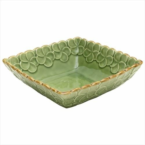 深角皿 プルメリアモチーフ Lサイズ 21cm角 ホワイト グリーン 陶器製