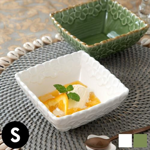 角鉢 プルメリアモチーフ Sサイズ 12cm角 ホワイト 陶器製 [pl8-66825